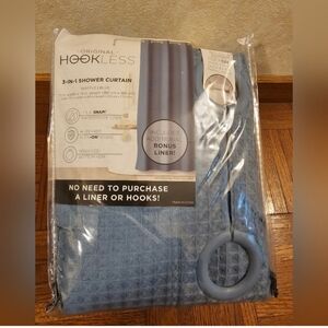 Original Hookless 3-in-1 Waffle Fabric Shower Curtain Set Blue with Bonu…